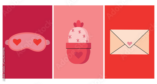 Valentine's day greeting card set in hand drawn style. Cute doodle poster with a sleep mask, a cactus and a love letter. Valentine's day invitation card in flat style.