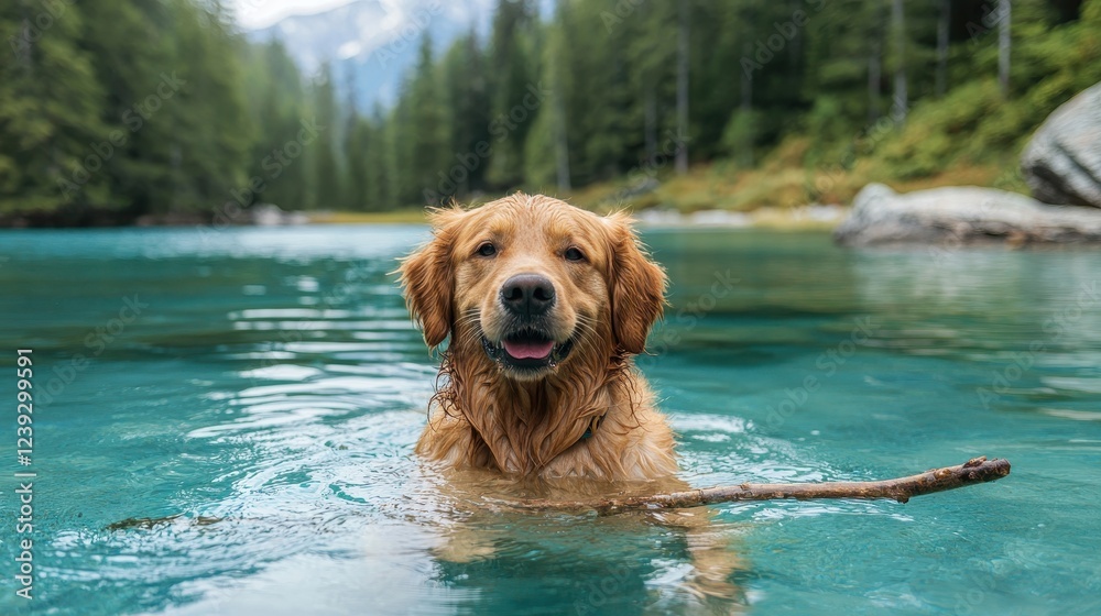 A happy golden retriever swims in a clear, blue lake, holding a stick, surrounded by lush greenery and mountains in the background. A happy golden retriever swims in a clear, blue lake, holding a stick, surrounded by lush greenery and mountains in the background.