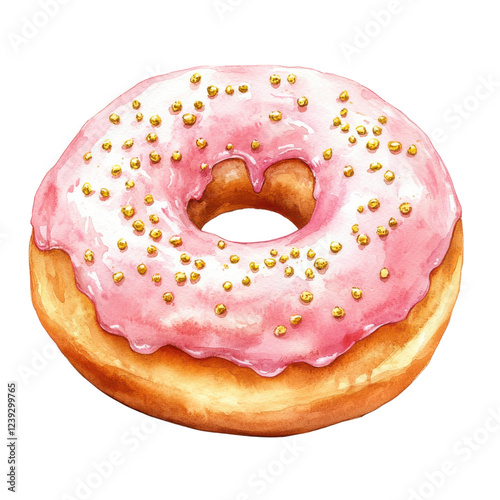 A pink frosted donut topped with golden sprinkles sits prominently, showcasing its round shape and inviting texture.