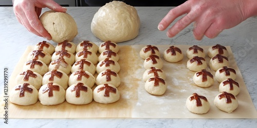 Hot Cross Buns Baking Process:  A detailed step-by-step view of shaping and arranging  hot cross buns dough before baking, showcasing the iconic cross marking. photo