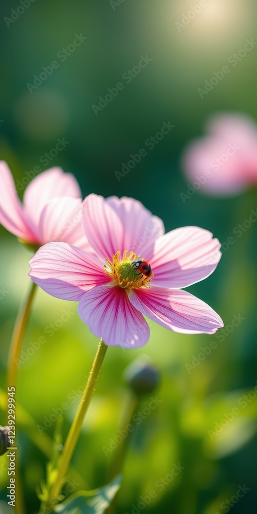Fototapeta premium Colorful pink flowers bloom under sunlight with a bee collecting nectar in a vibrant garden