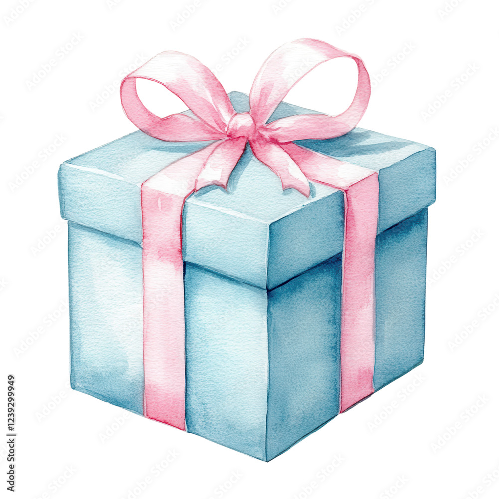 Fototapeta premium A beautifully wrapped gift box with a light blue exterior and a pink ribbon bow on top.