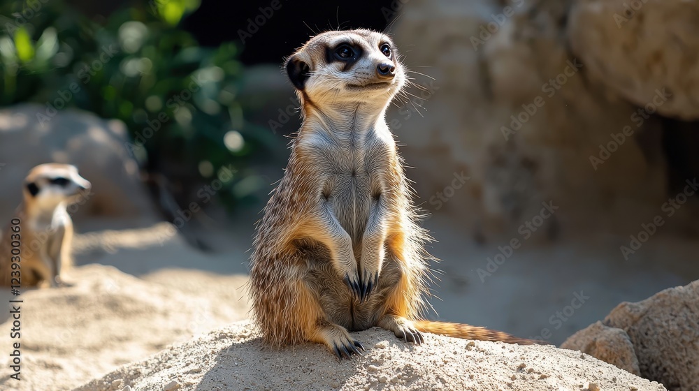 Fototapeta premium A curious meerkat stands upright on a rock, surveying its surroundings, while another meerkat is visible in the background.