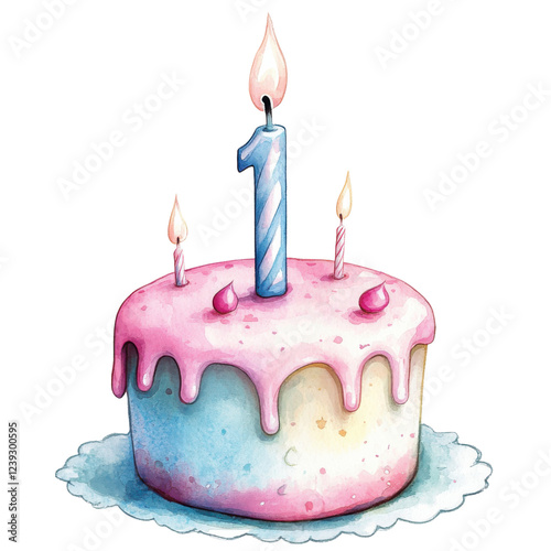 A colorful birthday cake featuring pink icing, a blue candle, and a single number one candle, perfect for celebrating a first birthday.