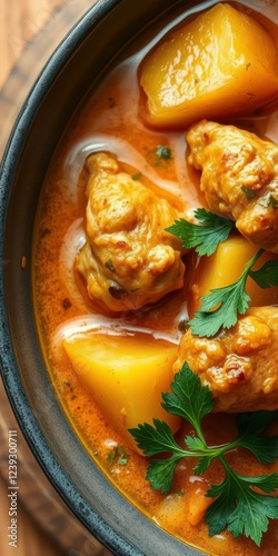 Spicy chicken curry with potatoes, garnished with fresh cilantro in a rustic bowl photo