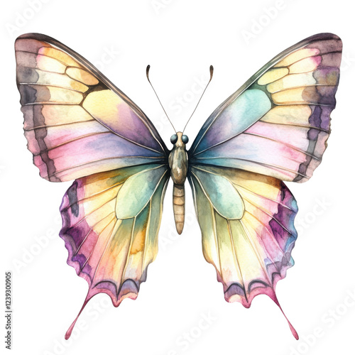 A beautifully illustrated butterfly with vibrant, multicolored wings showcasing intricate patterns and delicate structures.