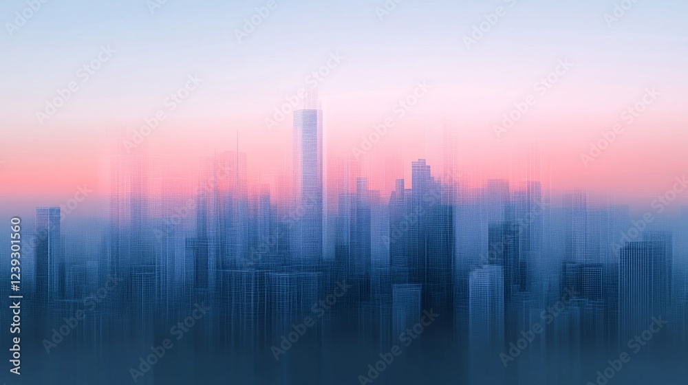 Fototapeta premium Pink And Blue City Skyline At Sunset