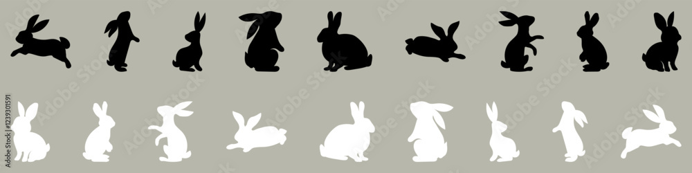 Black and white silhouettes of Easter bunnies. Set of different rabbits silhouettes. Cutie bunnies. Vector. EPS 10