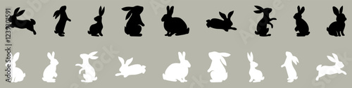 Black and white silhouettes of Easter bunnies. Set of different rabbits silhouettes. Cutie bunnies. Vector. EPS 10