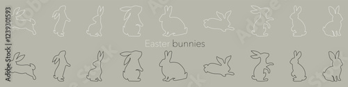 Black and white linear silhouettes of Easter bunnies. Set of different rabbits silhouettes. Cutie bunnies. Vector. EPS 10