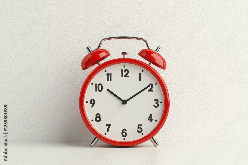 A modern 3D alarm clock with a glossy red frame and metallic hands, placed on a white surface for a clean aesthetic A modern 3D alarm clock with a glossy red frame and metallic hands, placed on a white surface for a clean aesthetic