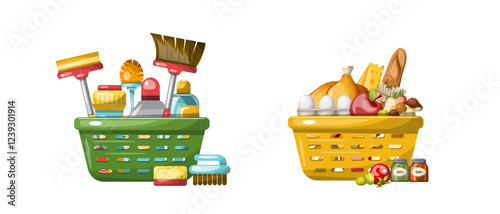 Two baskets with food and winter household items