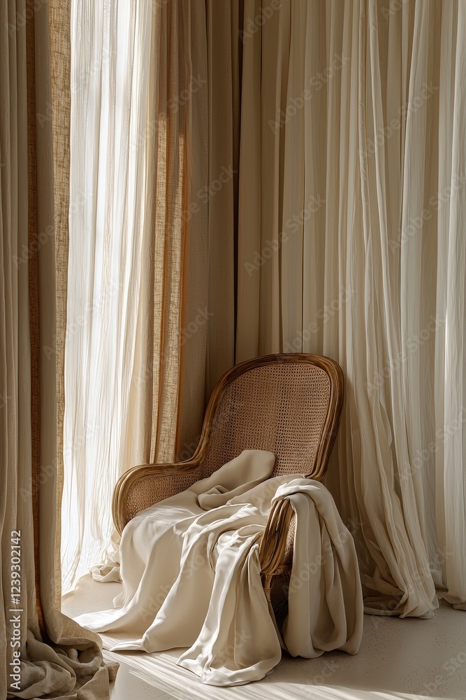 Cozy Rattan Chair with Soft Drapes in Serene Natural Light Cozy Rattan Chair with Soft Drapes in Serene Natural Light