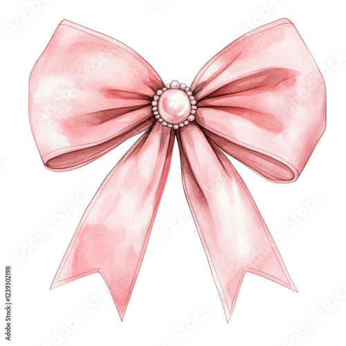 A delicate pink bow adorned with a pearl in the center, featuring flowing ribbon tails.