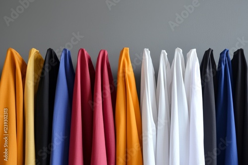 Colorful fabric drapes arranged neatly against a gray wall in a creative workspace photo