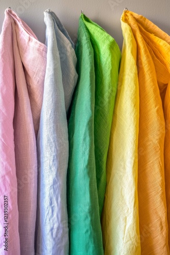 Colorful fabric swatches hanging in a line showing soft textures and vibrant hues in a bright indoor setting photo