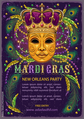 Vertical carnival poster with golden venetian mask in imperial crown, scattered beads, feathers, glossy text. A4 template in vintage style with copy space for Mardi Gras carnival, party, events