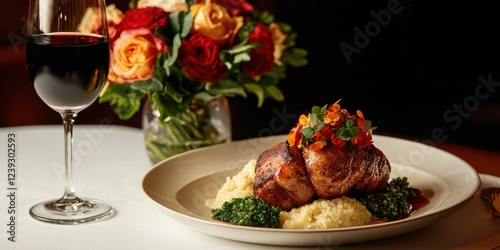 Artfully styled gourmet dish with dramatic lighting in upscale restaurant overhead view food photo