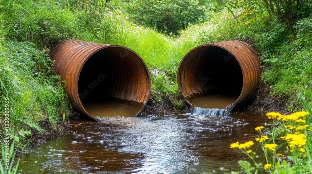 Two rusty drainage pipes pour water into a small stream, bordered by vibrant greenery and wildflowers
