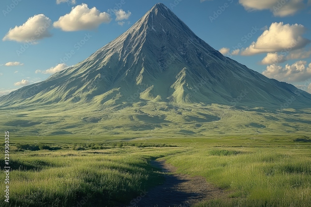 Naklejka premium Majestic mountain rises above lush green landscape under a bright sky with fluffy clouds