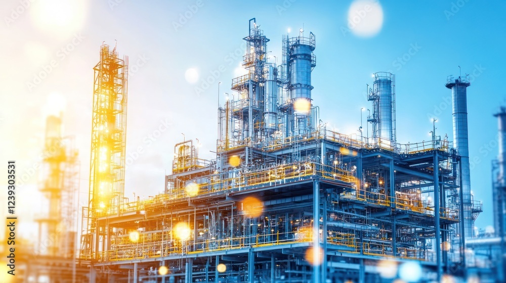 A vibrant oil refinery looms under a clear sky, highlighting its busy industrial activity at sunset A vibrant oil refinery looms under a clear sky, highlighting its busy industrial activity at sunset