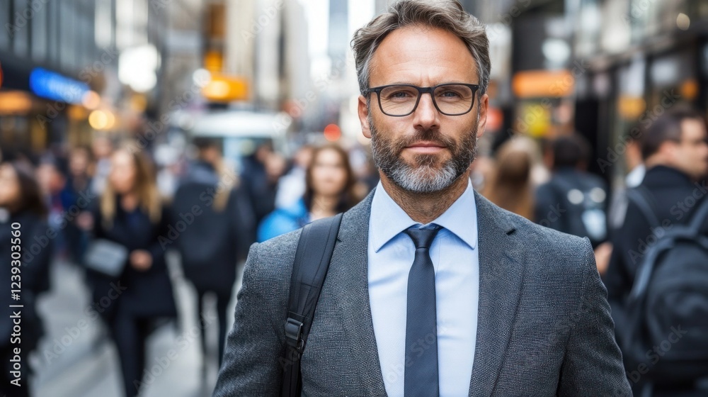 Man in a suit with a beard navigates through a bustling city street filled with professionals Man in a suit with a beard navigates through a bustling city street filled with professionals