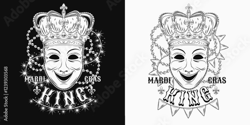 Mardi Gras King label. Black and white emblem with theatrical comedy face mask in imperial clown, intertwined interlaced strings of beads, pennants bunting, text. Composition in vintage style