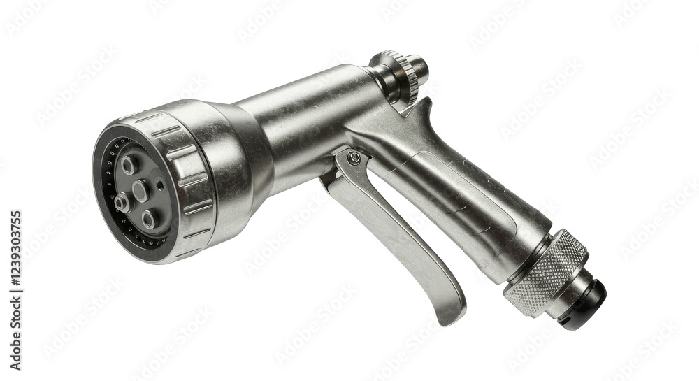 A Silver Garden Hose Nozzle with a Trigger Handle A Silver Garden Hose Nozzle with a Trigger Handle