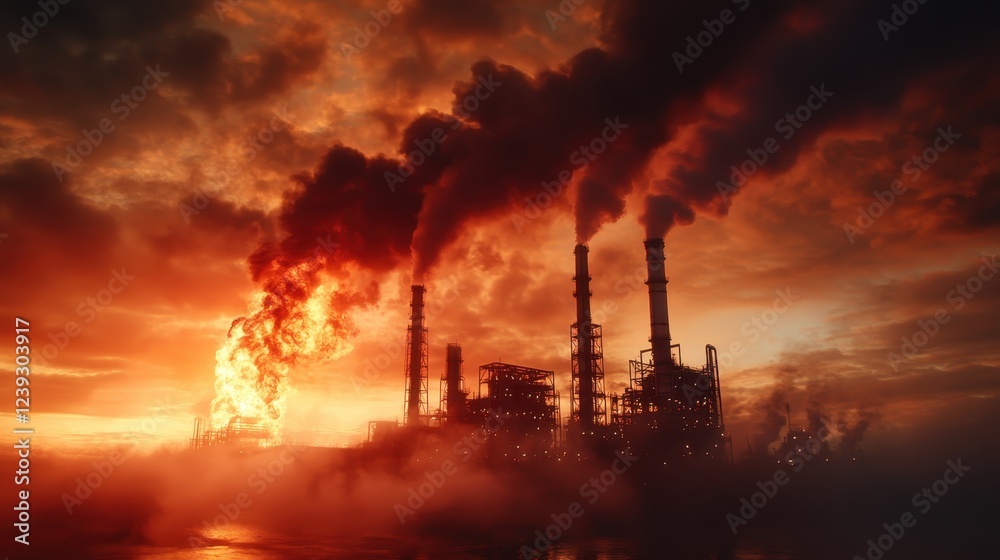 The powerful image of blazing smoke pouring from a factory against a vibrant sunset, highlighting the critical issues of pollution and industrial impact on the planet. The powerful image of blazing smoke pouring from a factory against a vibrant sunset, highlighting the critical issues of pollution and industrial impact on the planet.