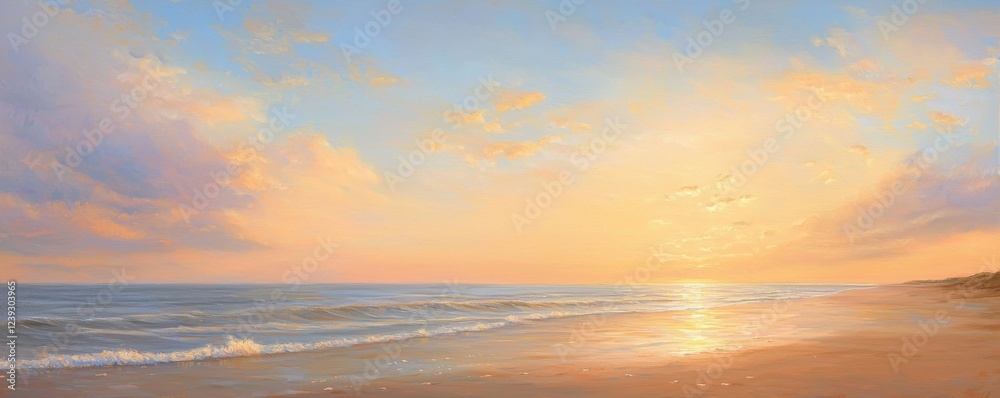A serene beach scene at sunset with soft clouds and gentle waves reflecting warm golden hues on the water. A serene beach scene at sunset with soft clouds and gentle waves reflecting warm golden hues on the water.
