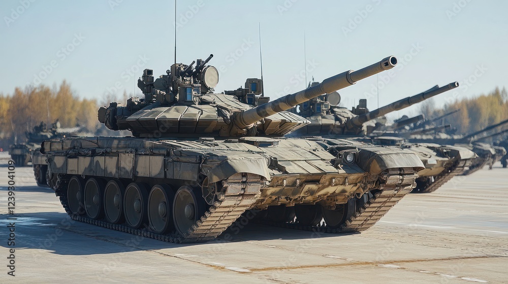 Armored military tanks are lined up in formation at a training ground under clear skies Armored military tanks are lined up in formation at a training ground under clear skies