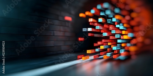 Luminescent currents of code and digital data converging on a darkened void visualizing the complex networks of the digital realm