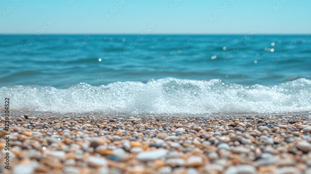 Gentle waves wash over a pebble strewn beach under a clear blue sky with bright sunlight Gentle waves wash over a pebble strewn beach under a clear blue sky with bright sunlight