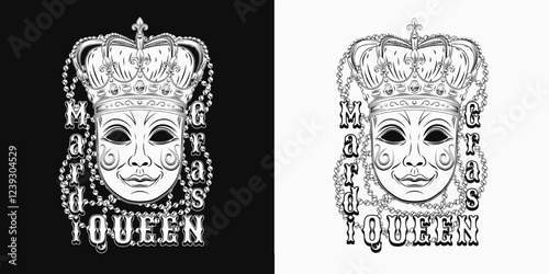 Mardi Gras Queen label. Black and white emblem with carnival venetian face mask in imperial crown, intertwined interlaced strings of beads, text. Rectangular composition in vintage style