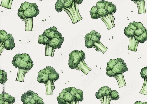 Fresh green broccoli on a white background, top view. Vibrant and healthy vegetable, perfect for diet, nutrition, cooking, and food photography.

