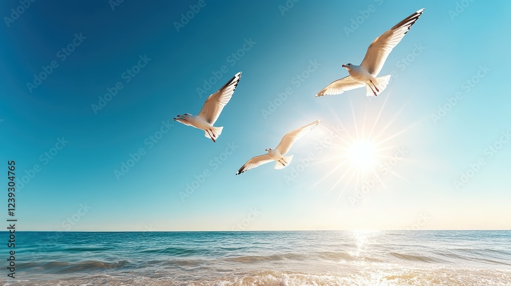 A trio of seagulls takes flight against a breathtaking sunrise, embodying a sense of freedom and a new beginning, beautifully framed by the colors of dawn. A trio of seagulls takes flight against a breathtaking sunrise, embodying a sense of freedom and a new beginning, beautifully framed by the colors of dawn.