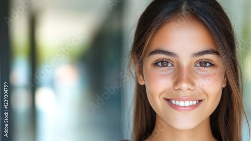 Bright and cheerful young girl interacts with the camera in a contemporary indoor space
