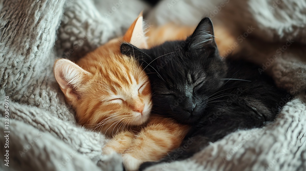 Obraz premium Pair of kittens, one black and one ginger nestled close under soft fleece blanket. Peaceful sleep, comfort and closeness