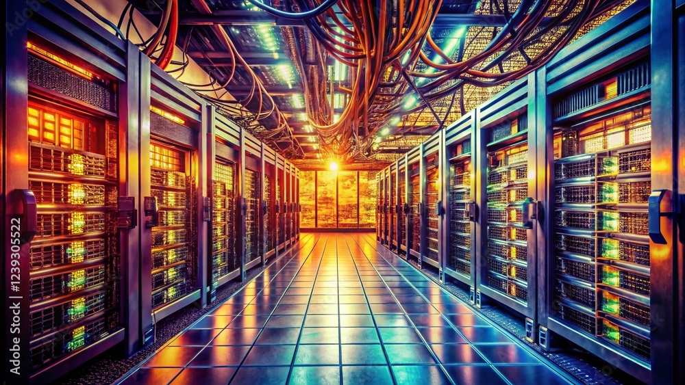 Fototapeta premium Vintage Photo: Retro Server Room - E-commerce Networking Infrastructure