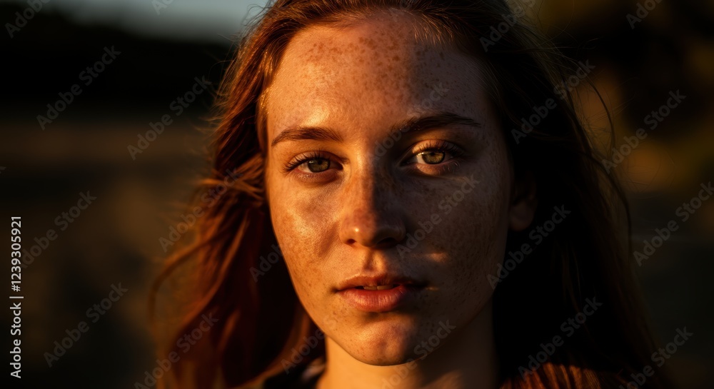 Contemplative young caucasian female with freckles in warm evening light Contemplative young caucasian female with freckles in warm evening light
