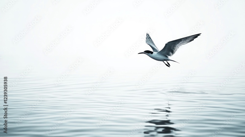 Seagull flying over calm ocean, misty day. Website header Seagull flying over calm ocean, misty day. Website header