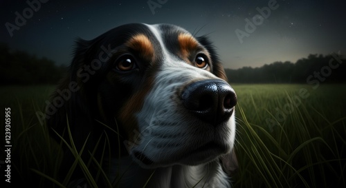 Illustration of long-haired dog at night in grassy field with a starry sky photo