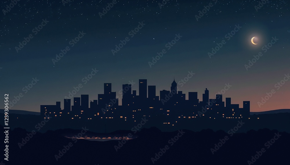 Fototapeta premium City skyline silhouette at night with crescent moon, tranquil mood, minimalist design background, copy space