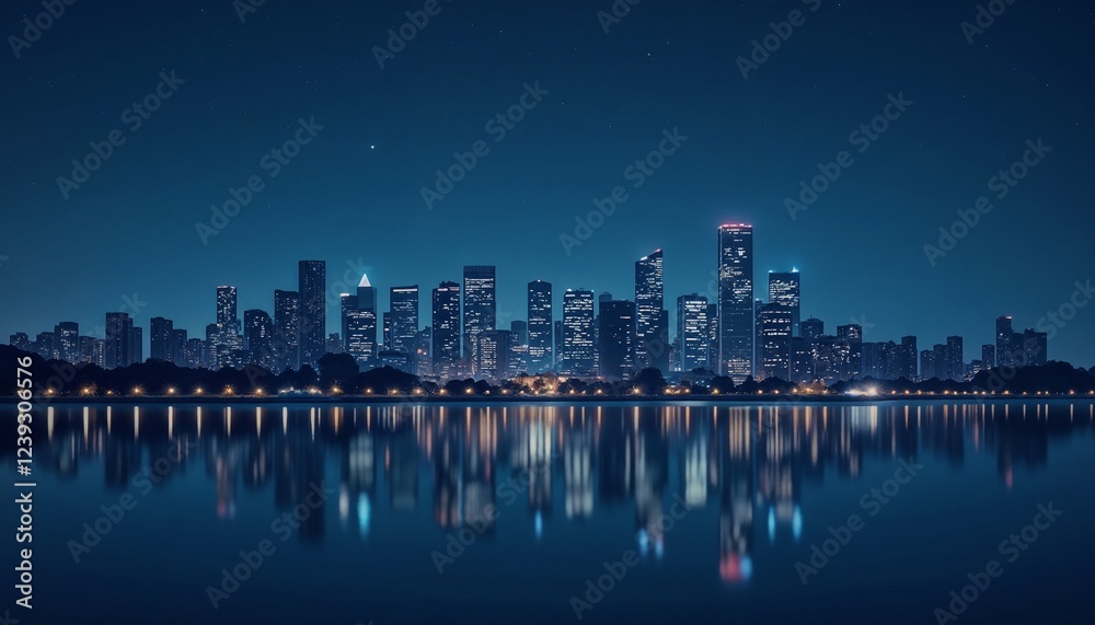 Fototapeta premium City skyline at night reflected in water, serene mood, illuminated buildings background, copy space