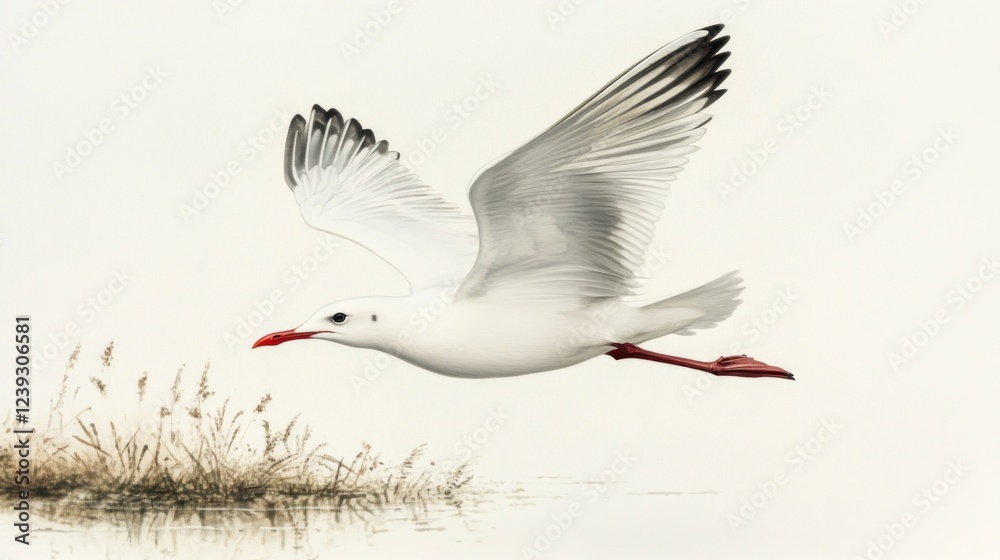 Obraz premium Seagull in flight over coastal grasses. Wildlife photography for nature websites