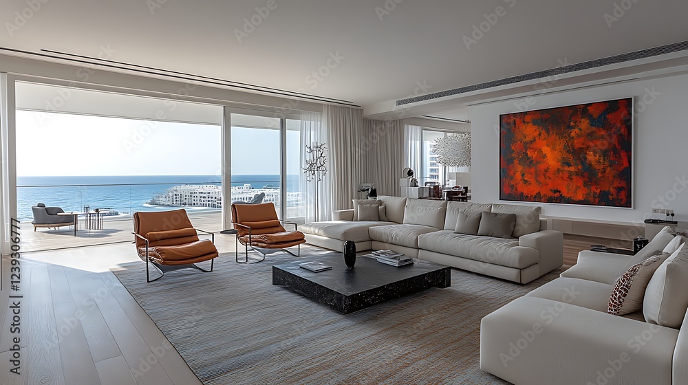 Fototapeta premium Modern Coastal Living Room with Ocean View