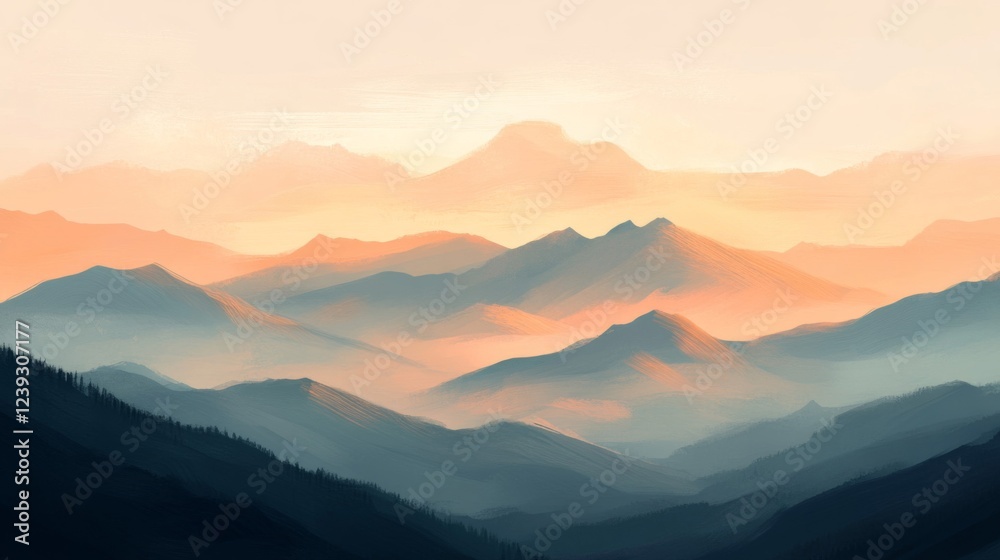 Obraz premium Orange And Blue Sunset Over Misty Mountain Range