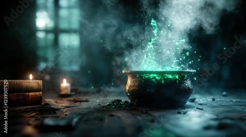 A cauldron erupts with magical green sparks against a backdrop of antiquated books, intertwining elements of fantasy and the age-old pursuit of knowledge in a dark environment. photo