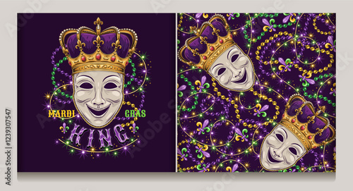 Mardi Gras King label, seamless pattern with comedy mask in imperial golden crown, intertwined strings of beads, lights sparkles garland, fleur de lis symbol, text. Carnival decoration.