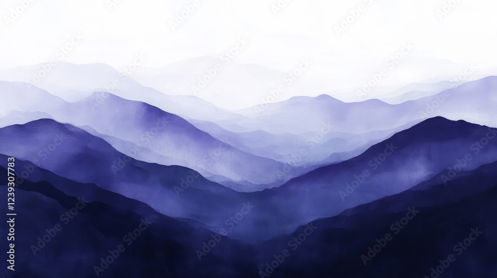 Obraz premium Blue And Purple Misty Mountain Range Watercolor Painting